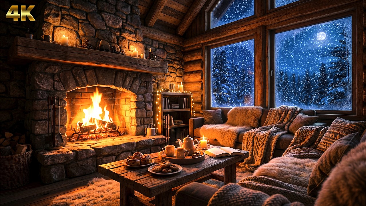 🎷 Cozy Jazz en Cabaña Nevando 4K | Chimenea Crepitante para Dormir y Relajarte