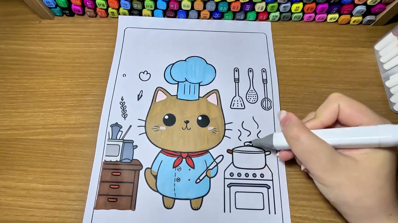 Coloring a Cute Chef Cat | Relaxing and Fun Color With Me! Funny Cat coloring pages