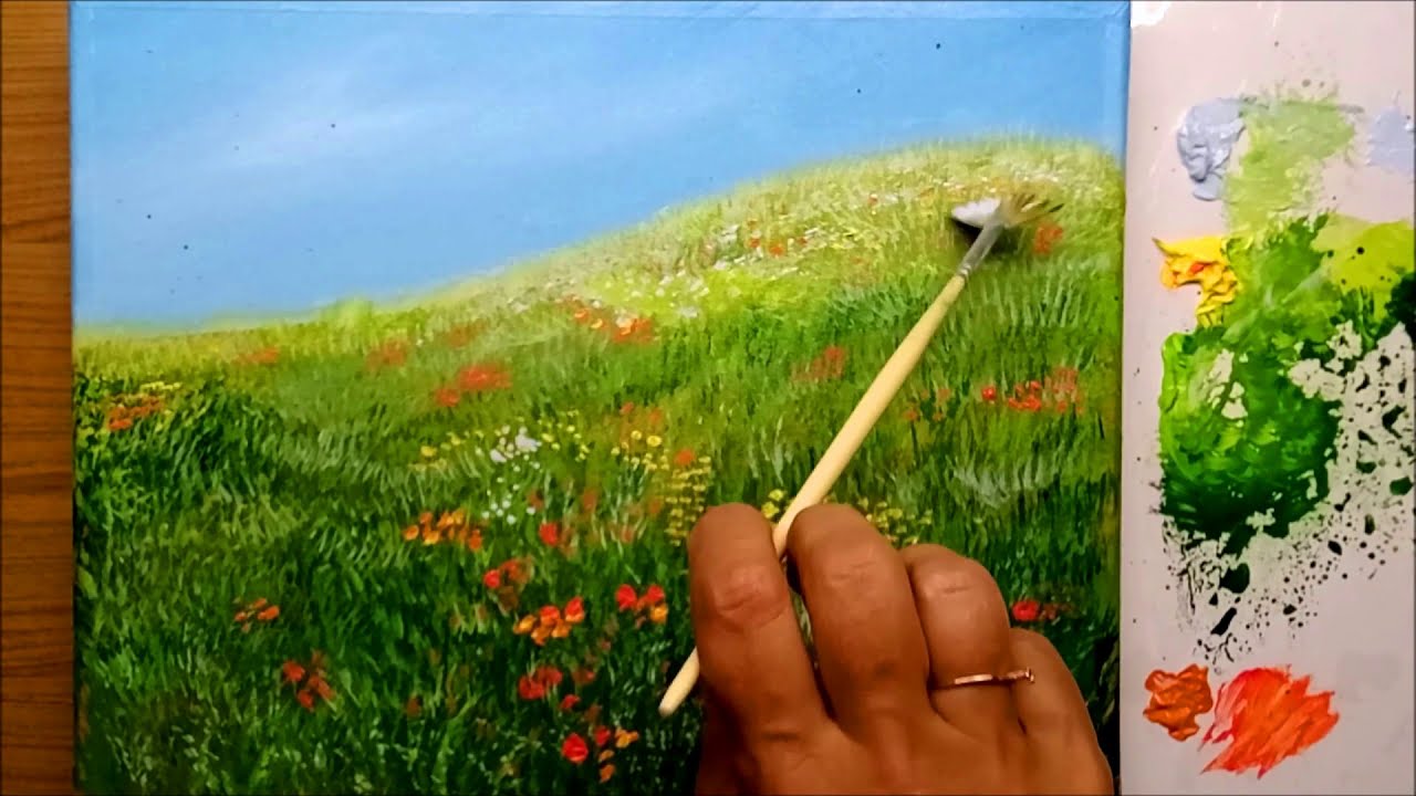 How to Paint Landscape with Field Flowers and Grass / Acrylic Painting Beginner / # 122