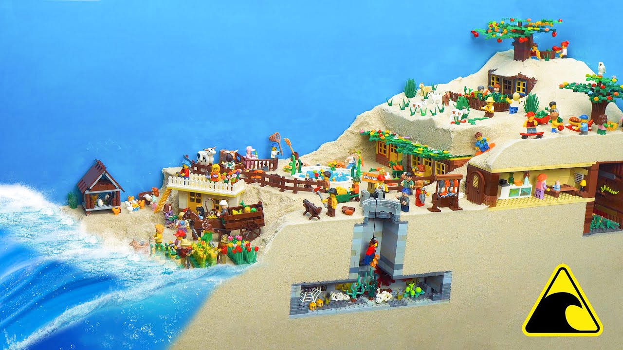 Lego Farm Diorama Hit By Tsunami - Lego Tsunami Dam Breach Experiment VS Wave Machine