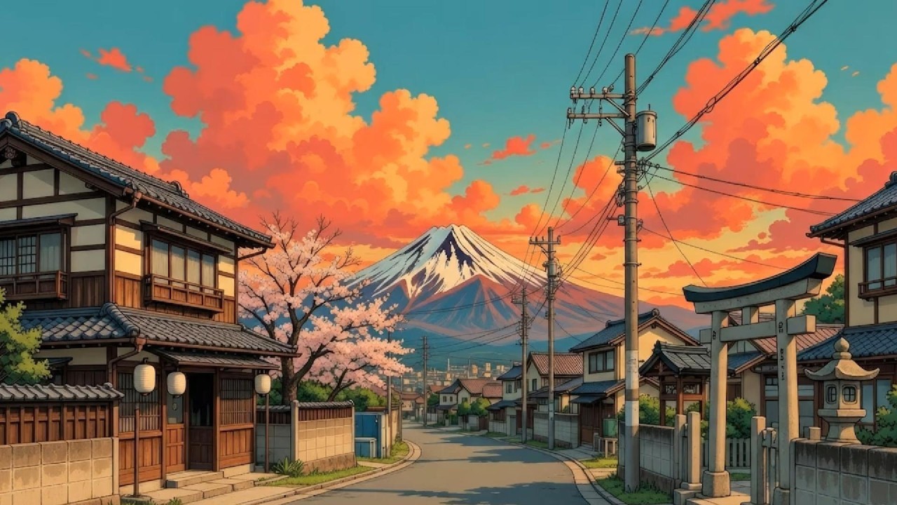 (NO ADS) Peaceful Japanese Town Walk 🌸 Sunset Ambience & Lofi Study Beats 🎧
