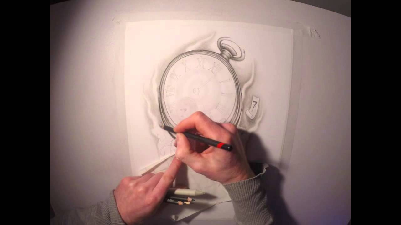 Timelapse charcoal drawing of pocket watch tattoo design