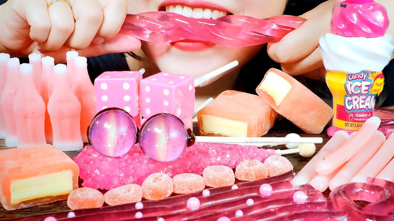 ASMR PINK FOOD *TWIST N LIK CANDY,MOCHI,NIK-L-LIP WAX CANDY,JELLY,ROCK CANDY,PLANET DICE LOLLIPOP