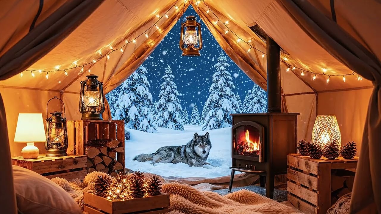 Cold Winter Tent Night with Your Wolf Companion 🌙 Camp Sleep ASMR
