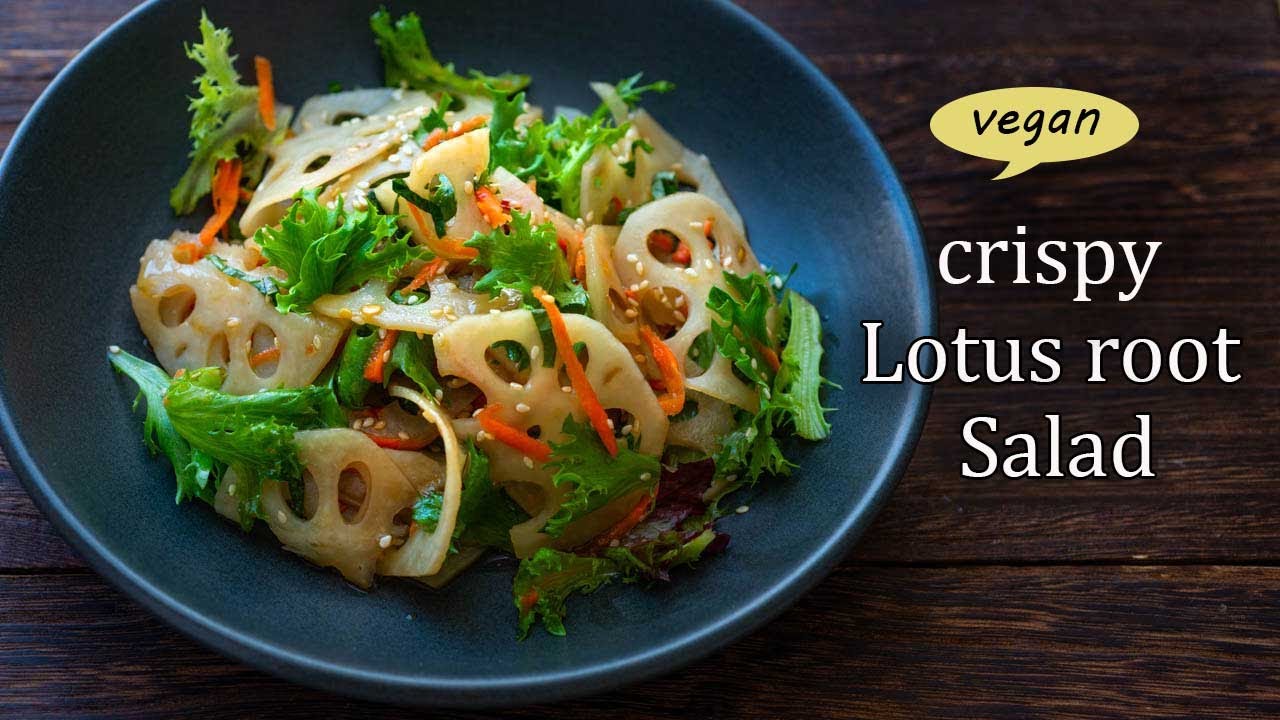 Lotus root Salad with soy and sesame dressing recipe,  vegan salad,  how to use lotus root