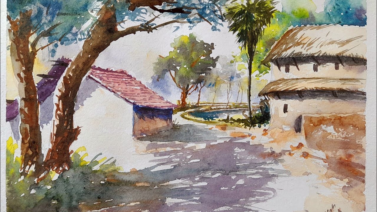 VILLAGE SCENARY DRAWING BY WATERCOLOUR.  LIGHT and SHADOW 