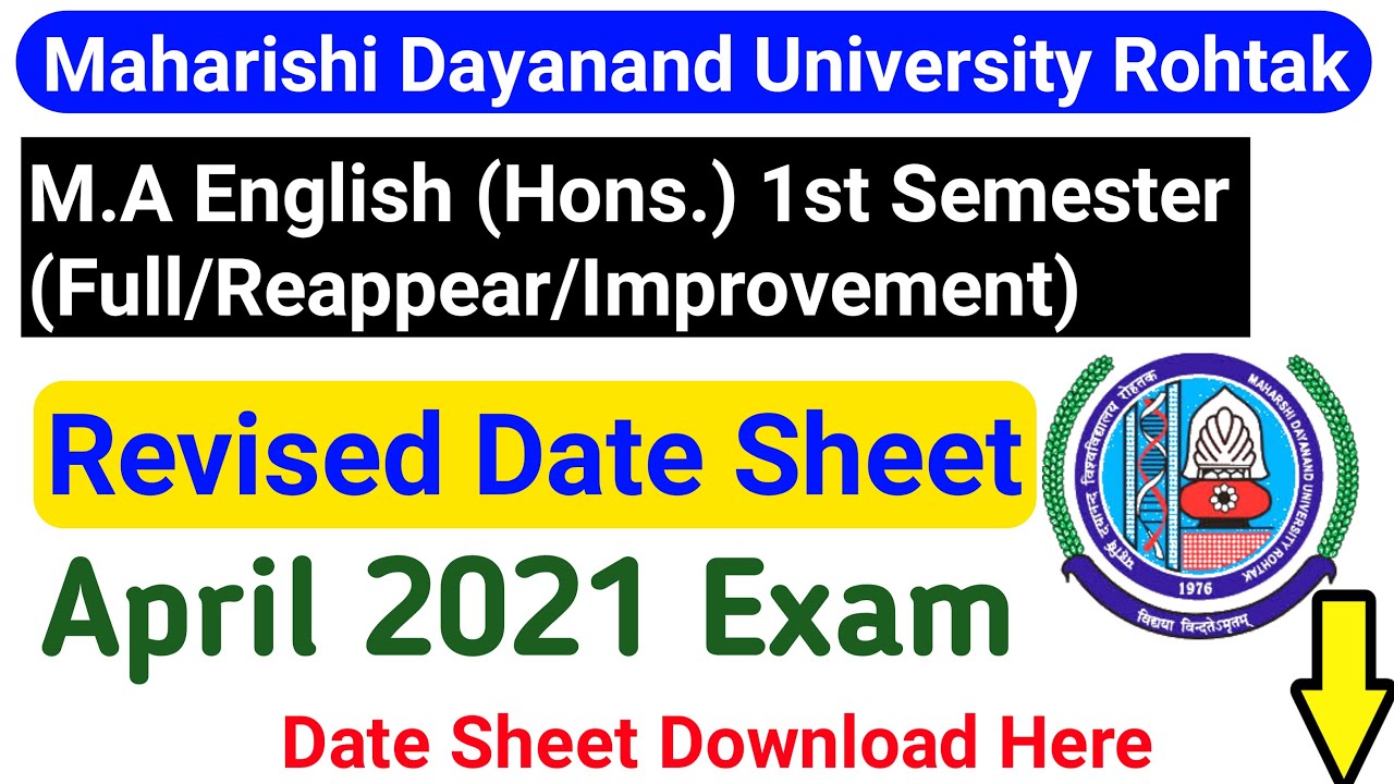 MDU M.A. English (Hons.) 1st Sem. (Full/Re-appear/Improvement) Datesheet || MDU MA Revised Datesheet