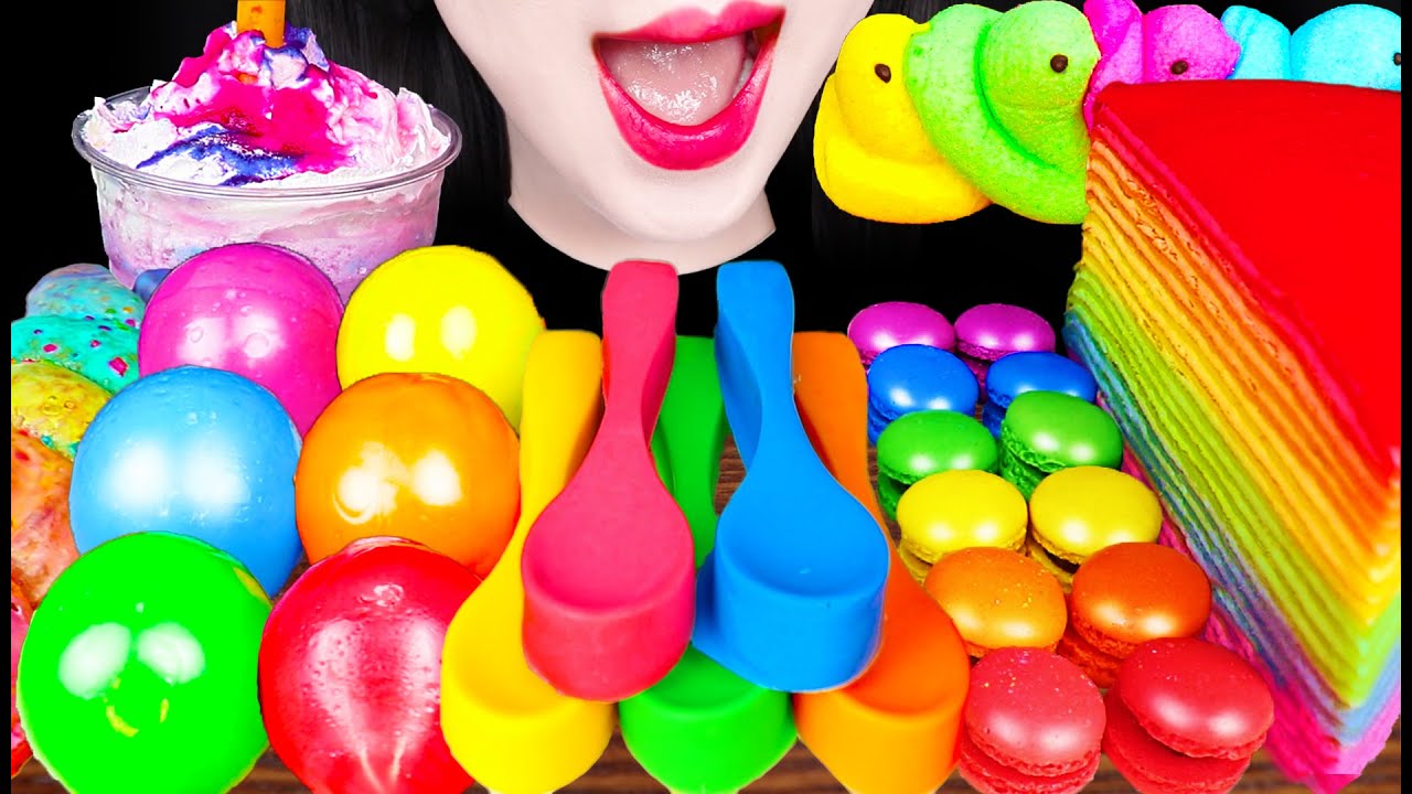ASMR Rainbow Dessert, Edible Spoon, Macaron, Parfait 파르페, 먹는 숟가락, 마카롱 디저트 먹방 Mukbang, Eating