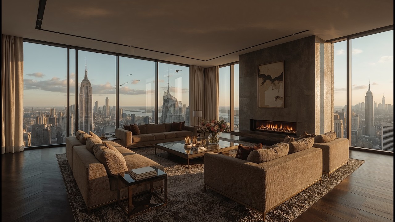 Luxury New York Penthouse Fireplace | Calm City Views & Real Ambient Sounds (10 Hours)