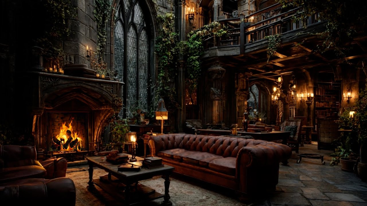 Night Rain Sounds with Distant Thunder and Cozy Fireplace for Calm Sleep and Anxiety Relief