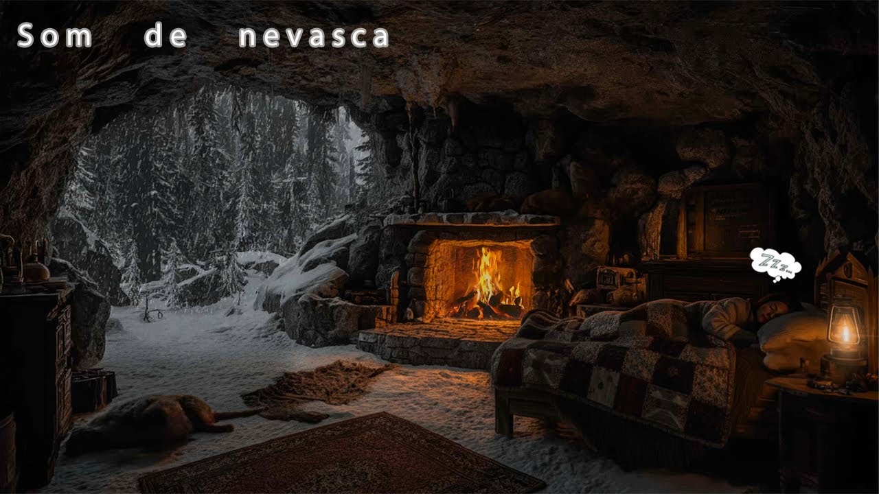 Pausa in una grotta di montagna durante tempesta di neve | Riscaldati con camino e suoni rilassanti