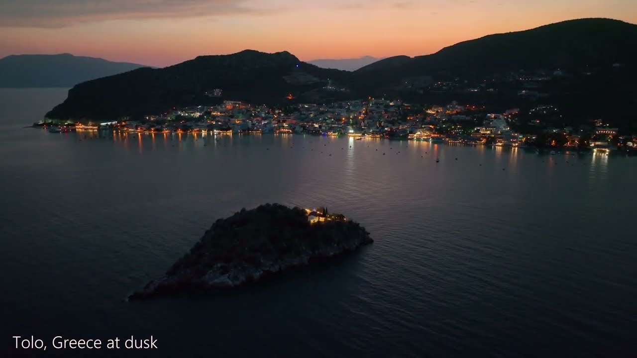 Video of Tolo, Argolis Greece from a drone day and night