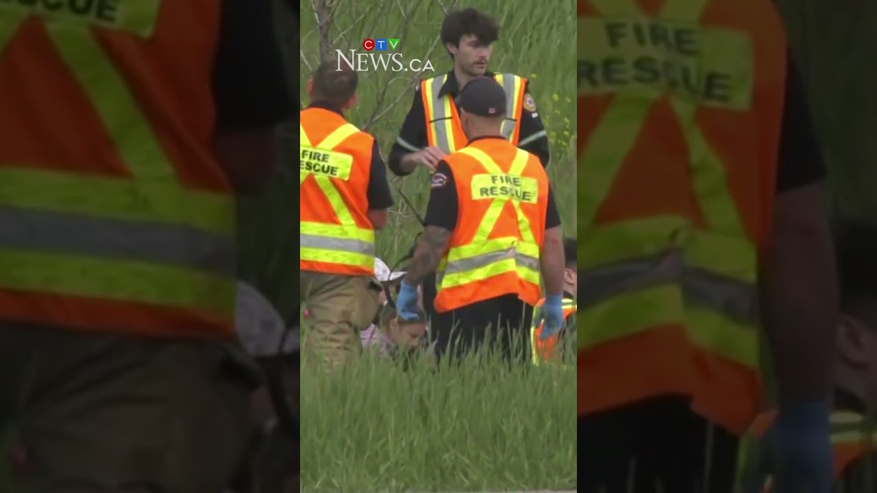 Школьный автобус съехал в кювет на обочине дороги Yellowhead Trail.