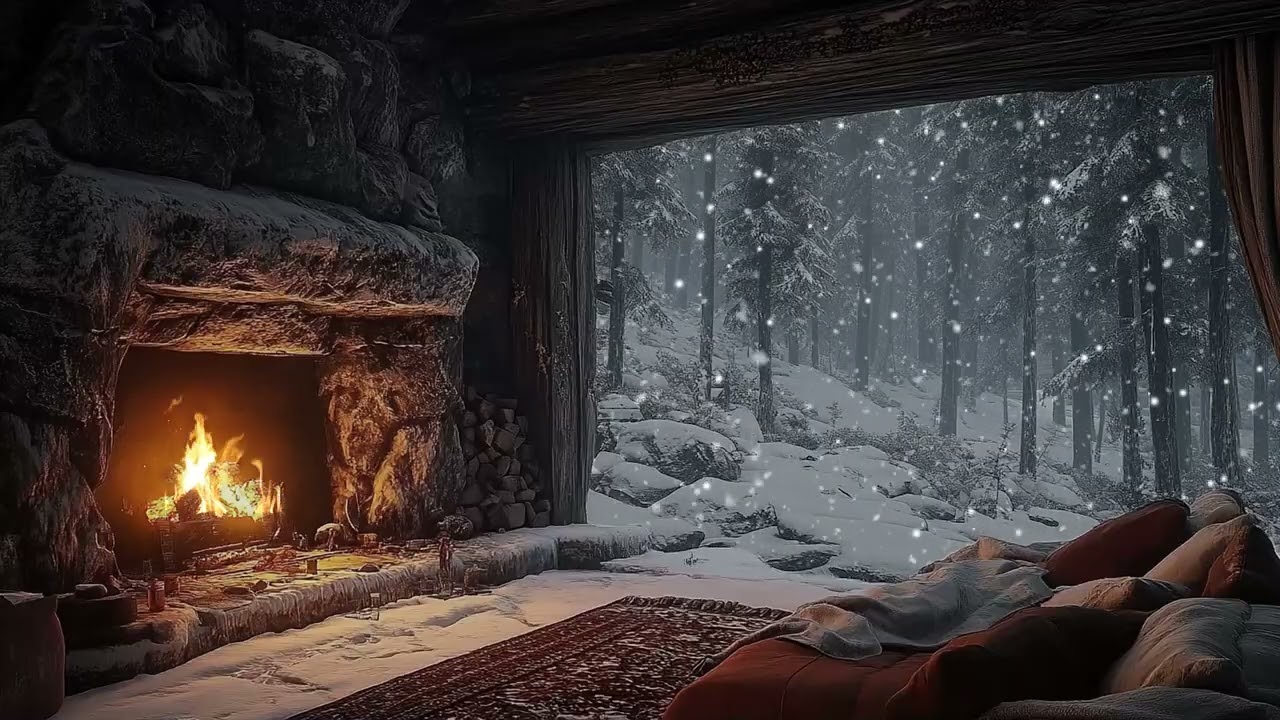 Snow Wind and Fireplace Sounds in Deep Cave for Stress Relief Relaxation and Calm Mind