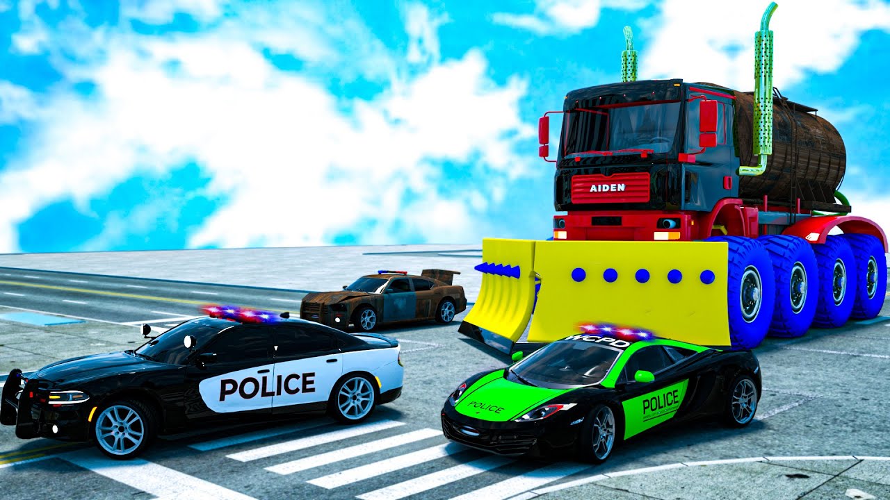 Camión gigante vs coche de policía | ¡COCHES y MOTOCICLETAS con CAMIÓN MONSTRUO y coche de policía!