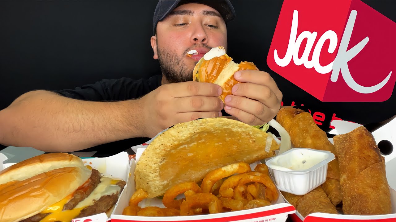 NEW VIDEO Jack in The Box Mukbang Ultimate Cheeseburger Tacos Egg Rolls
