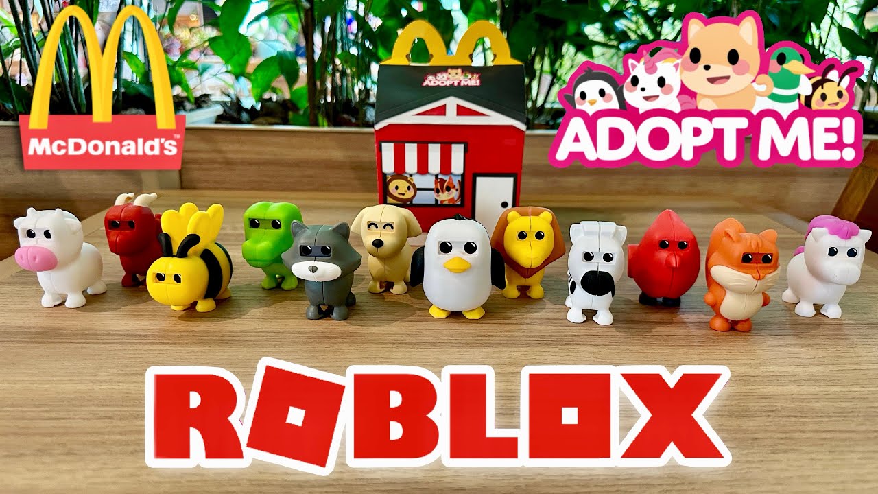 BRINDES ADOPT ME! ROBLOX NO MC DONALDS COLEÇÃO COMPLETA BRINQUEDOS ROBLOX MC LANCHE FELIZ PETER TOYS