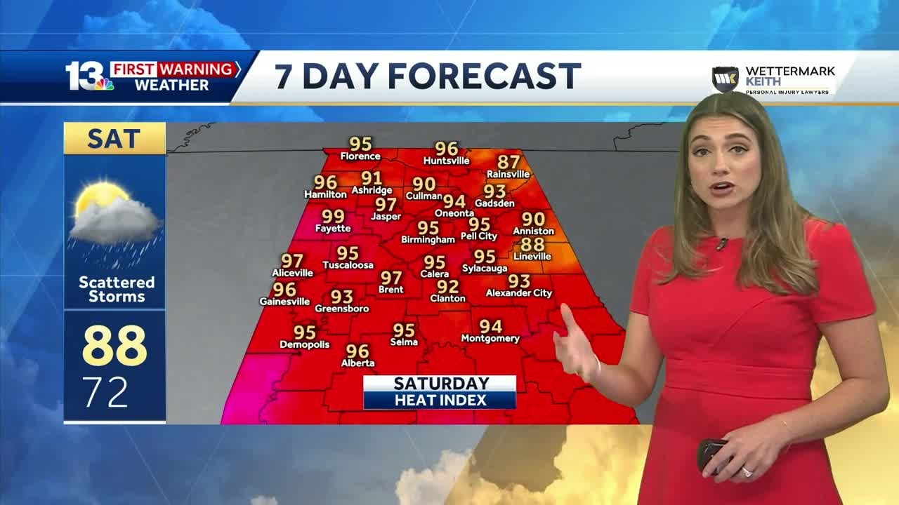 Isolated storms in the Alabama forecast mid-week before scattered storms and high heat return for...