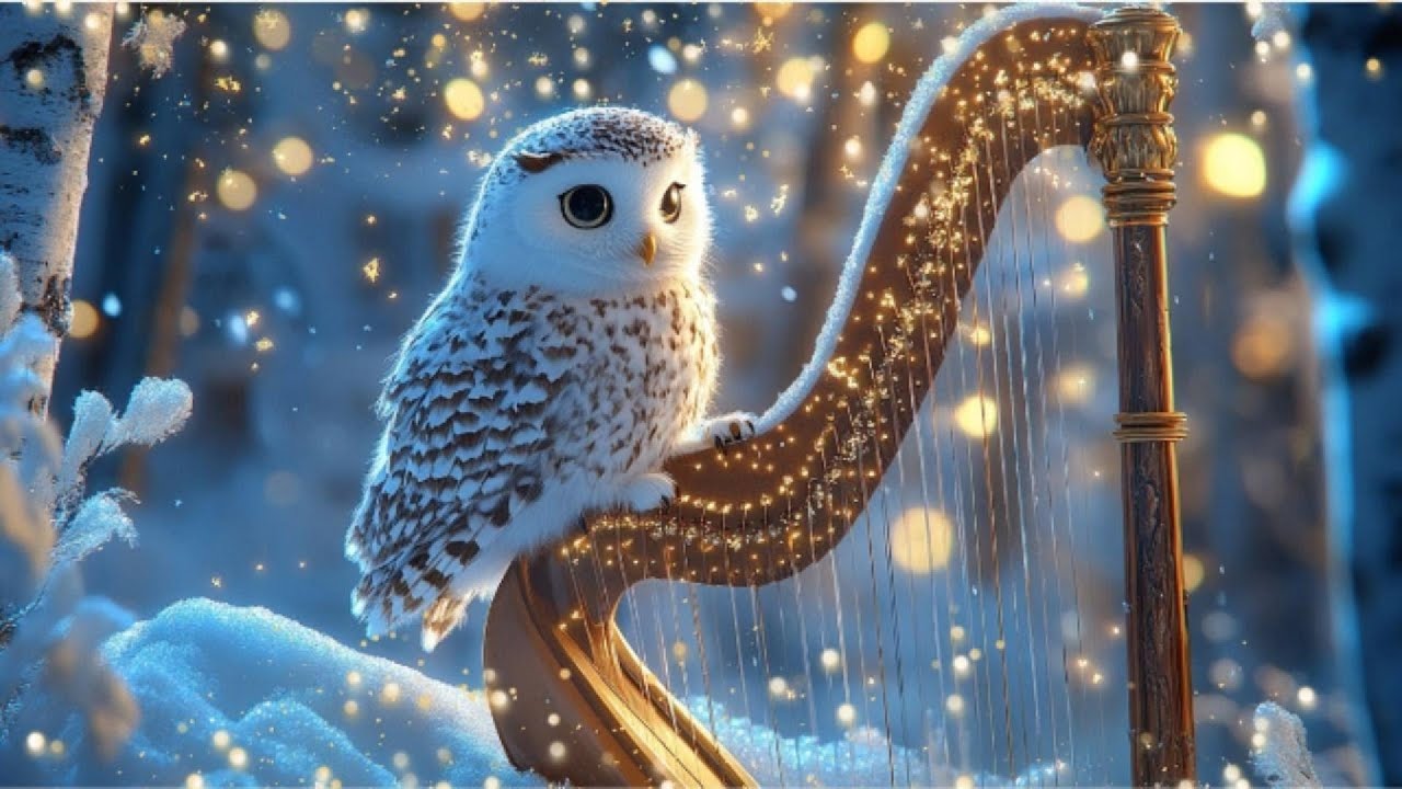 Magical Snowy Owl Forest Night Ambience ❄️🦉 Falling Snow, Harp Music & ASMR