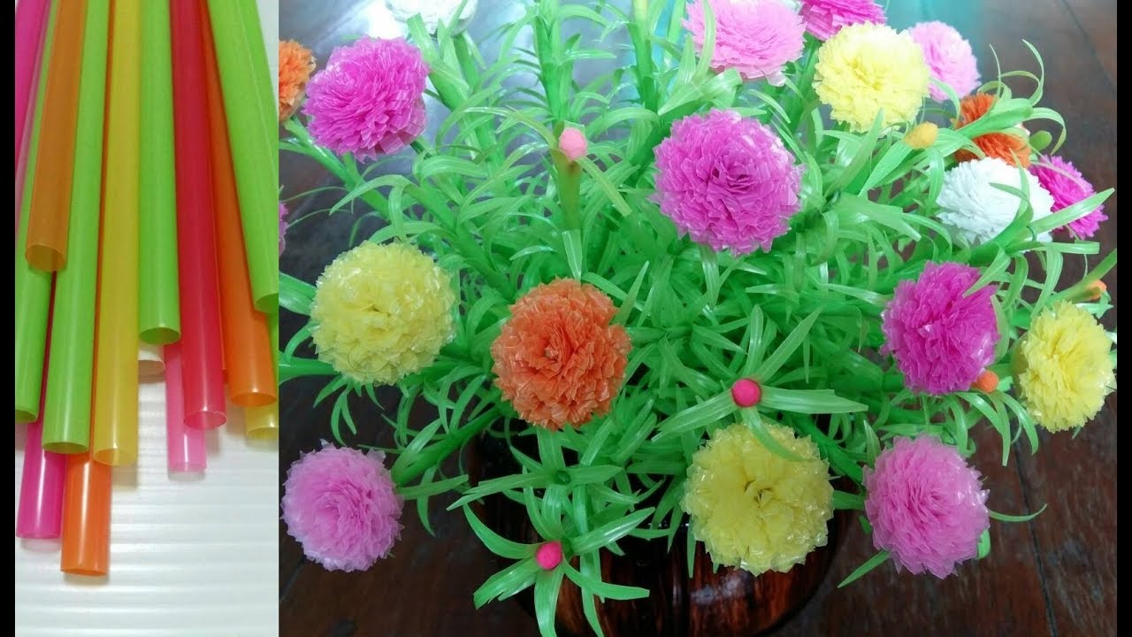ดอกไม้จากหลอด ดอกคุณนายตื่นสายจากหลอด by มายมิ้นท์ Common Purslane Flower From Drinking Straws.