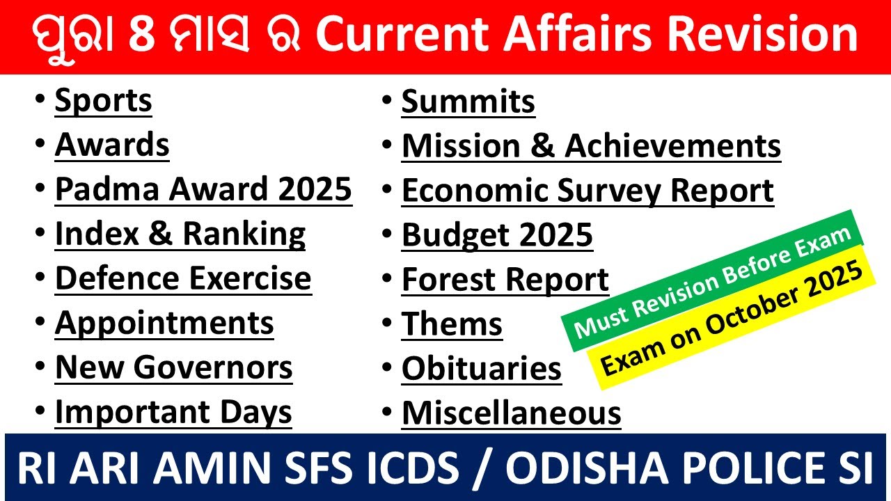 Complete Current Affairs Quick Revision | RI ARI AMIn / Odisha Police Si | Exam on October 2025 |