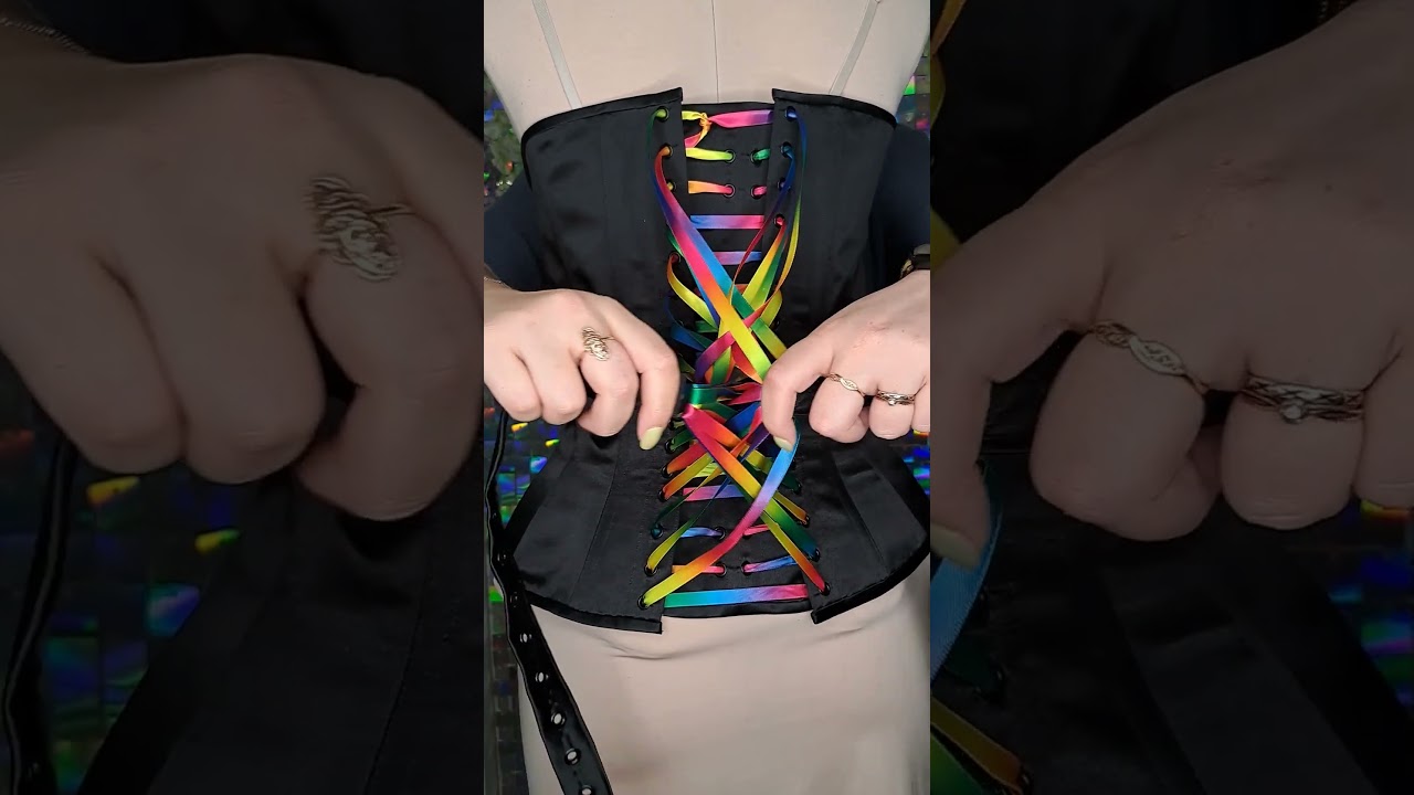 Black overbust corset with rainbow fan lacing