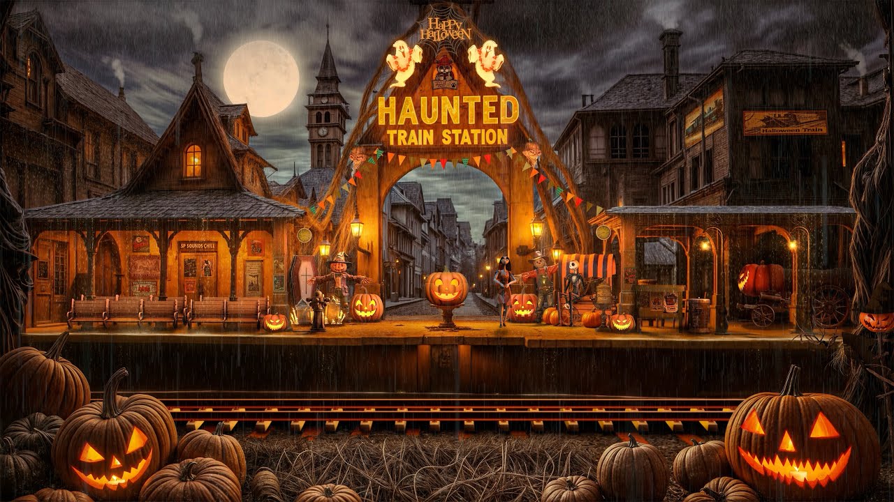 Haunted Train Station Halloween Ambience with Relaxing Heavy Rain & Thunderstorm Sound for Sleeping🚂