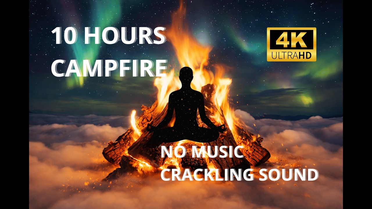 10H Heavenly Fire 🔥 Burning Wood Above the Clouds | Northern Lights Sky | Real Fire Sounds