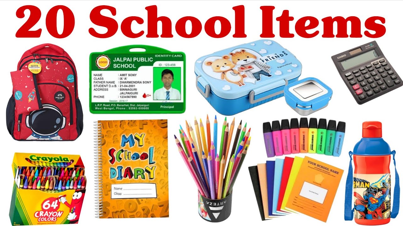 स्कूल के सामान के नाम सीखें बच्चों के लिए | Learn 20 School Item Names for Kids Pictures and Sound