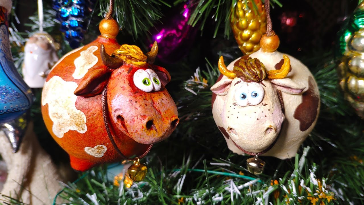 🐮 Бык - елочная игрушка 🎄 символ Нового 2021 года ⭐ Игрушки из папье-маше