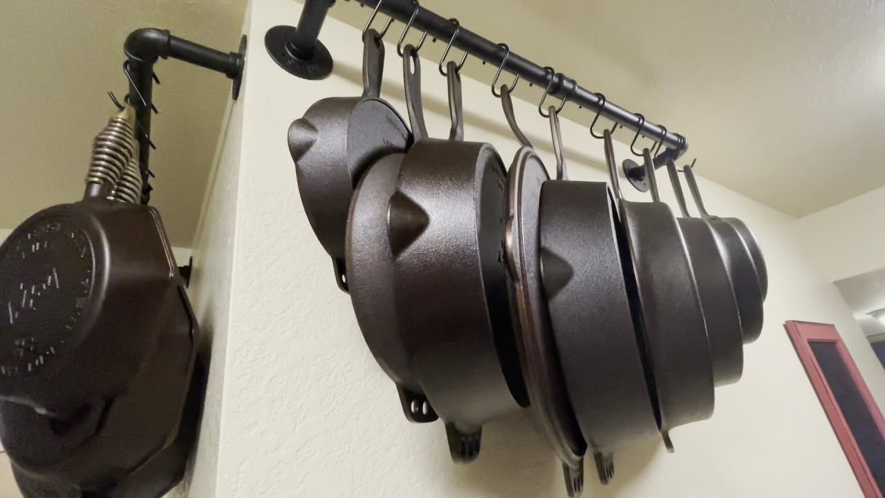 Ways to store cast-iron: custom bench and hanging on the wall