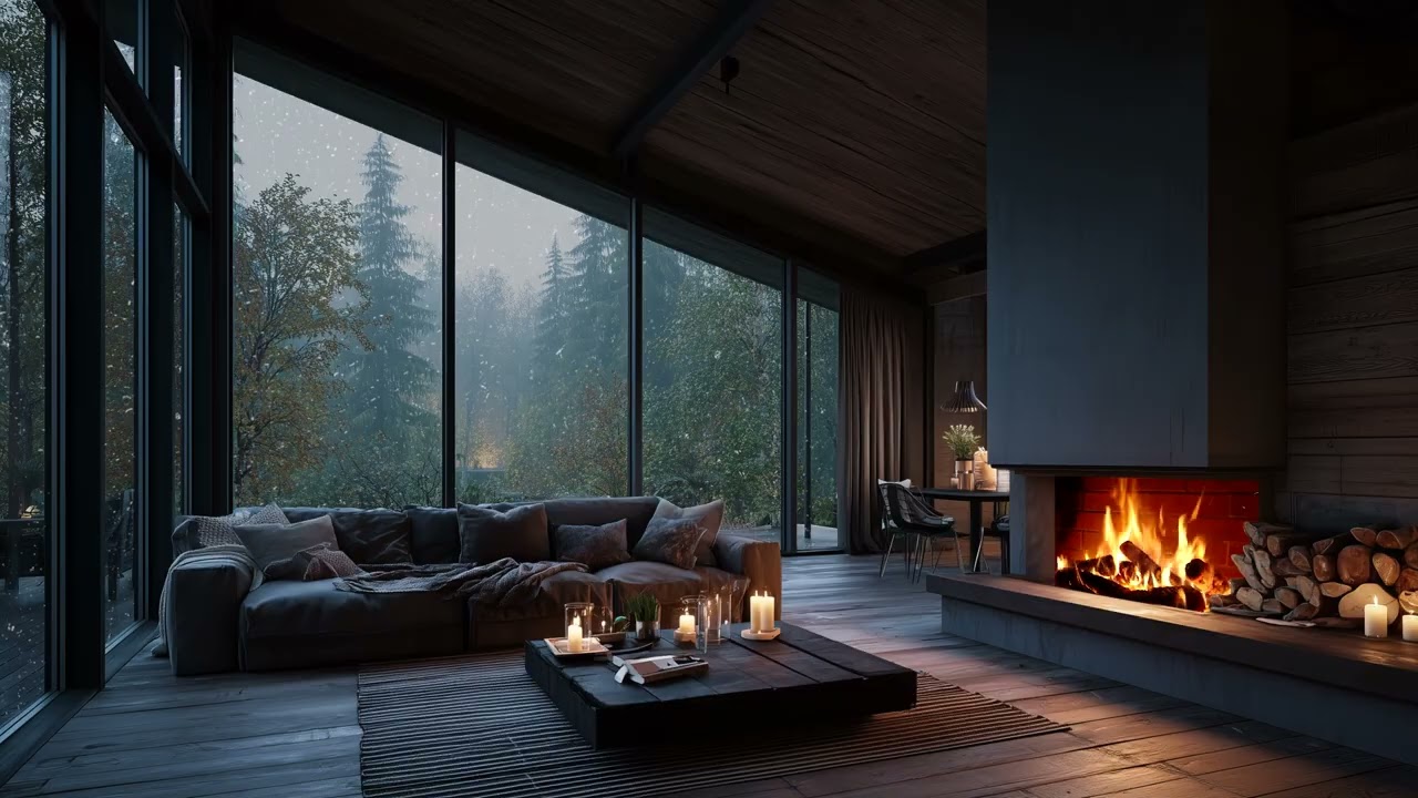 Warm Fireplace and Rain Sounds Creating a Comfortable Space for Relaxation