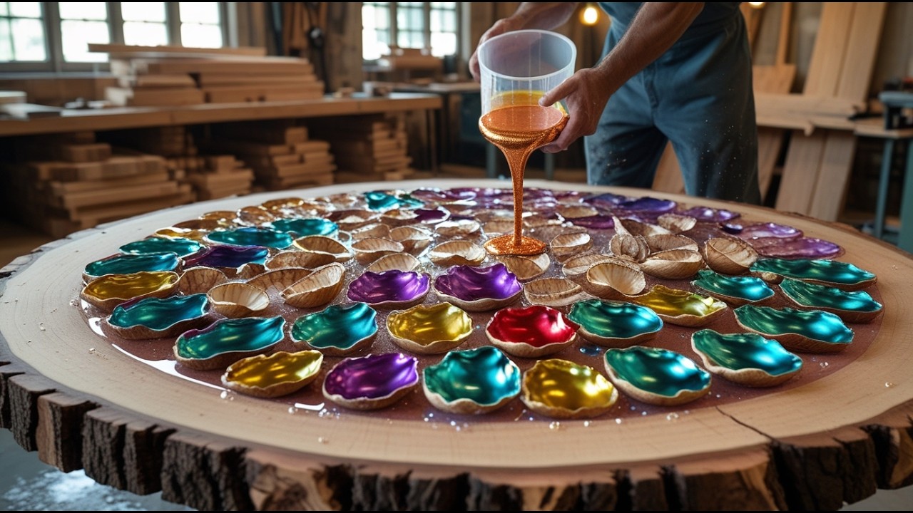 Gorgeous Epoxy Round Table//Colorful Gemstones Made from Walnut Shells–Unique Furniture Masterpiece