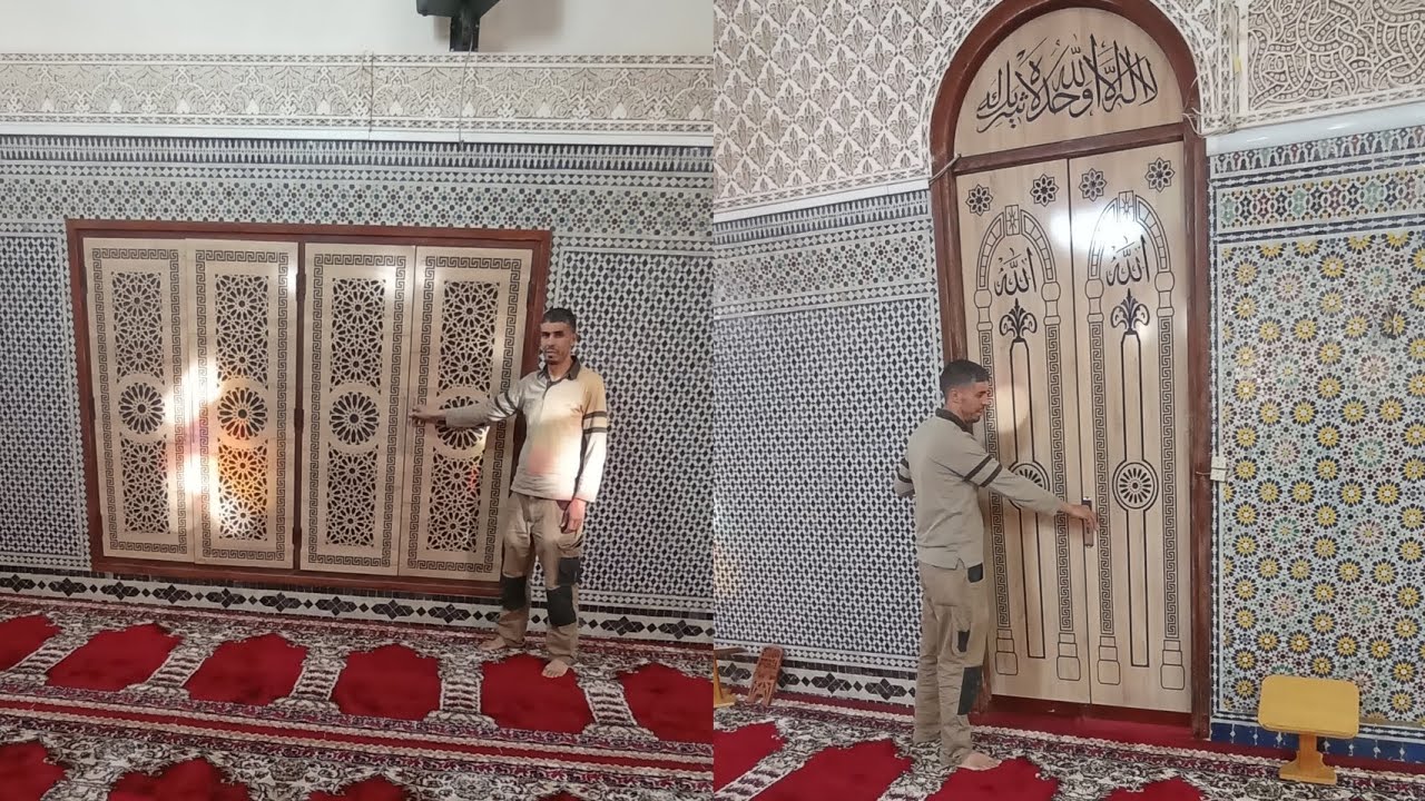 تجديد أبواب مسجد داخلية بديكور خشبي Mdf منقوش والنتيجة رائعة وممتازة