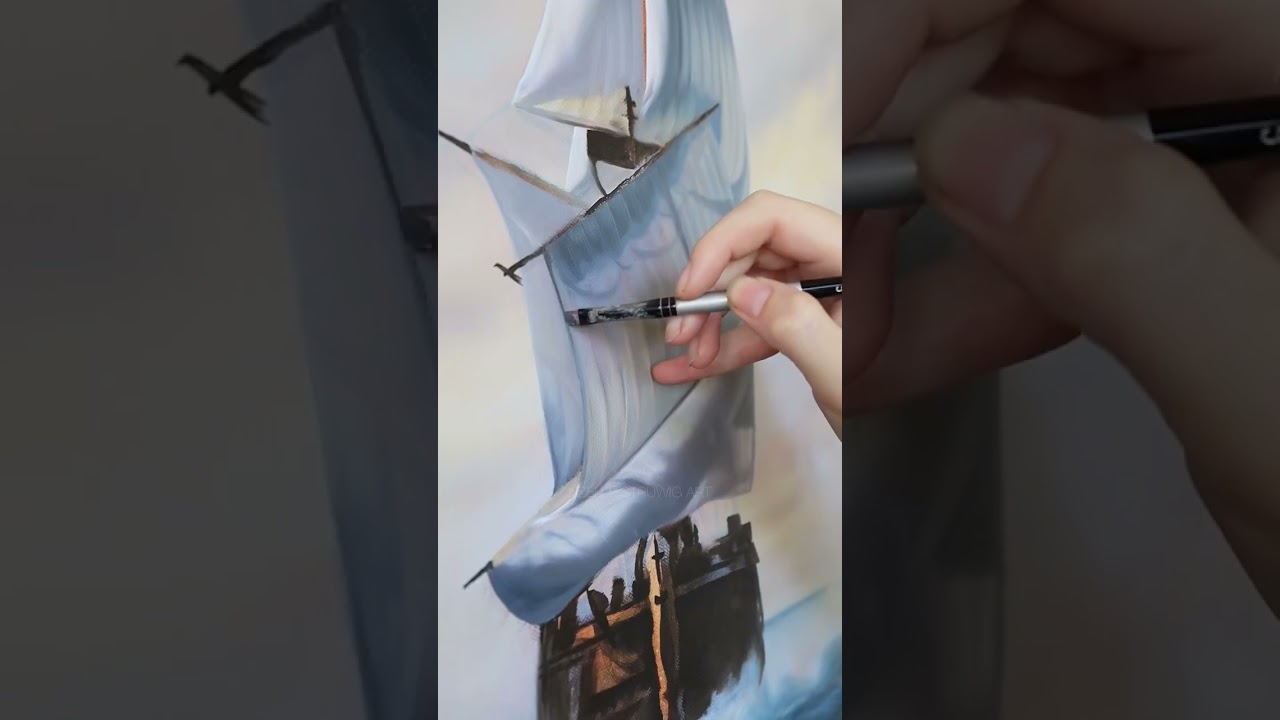 Painting a sail ship at sea, oil painting process
