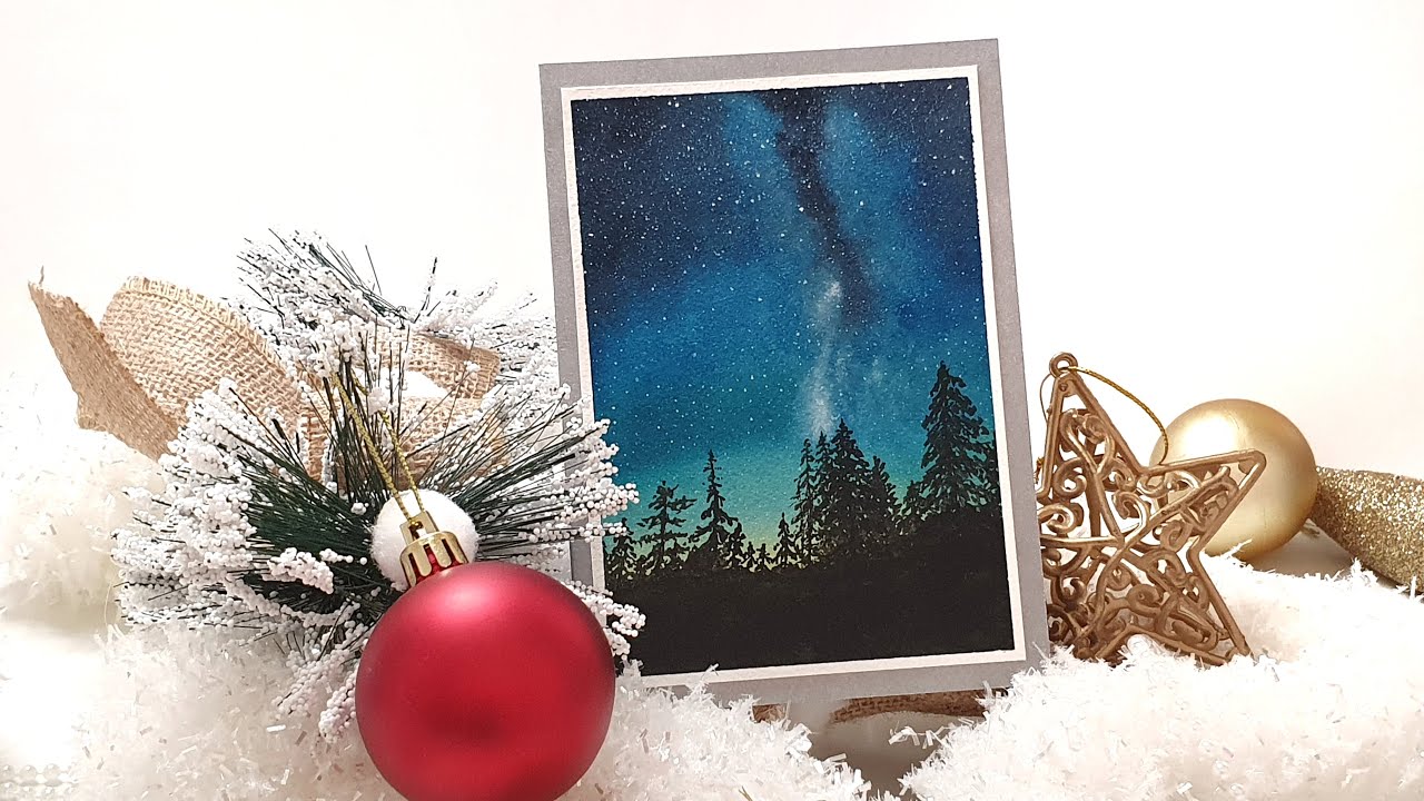 Easy Watercolor Christmas Card | Galaxy and Pine Trees Scene | Milky Way Galaxy Painting