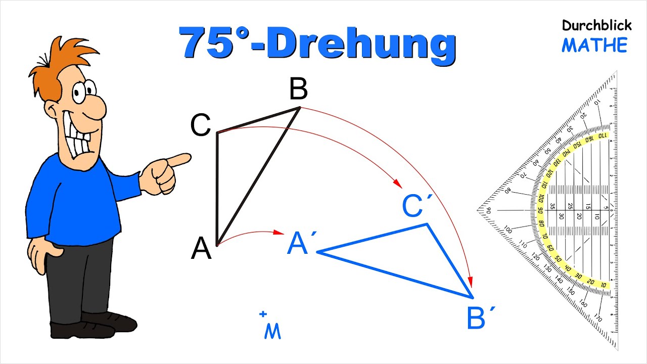 Drehung: Dreieck 75° um M nach rechts drehen,  mit Geodreieck konstruiert