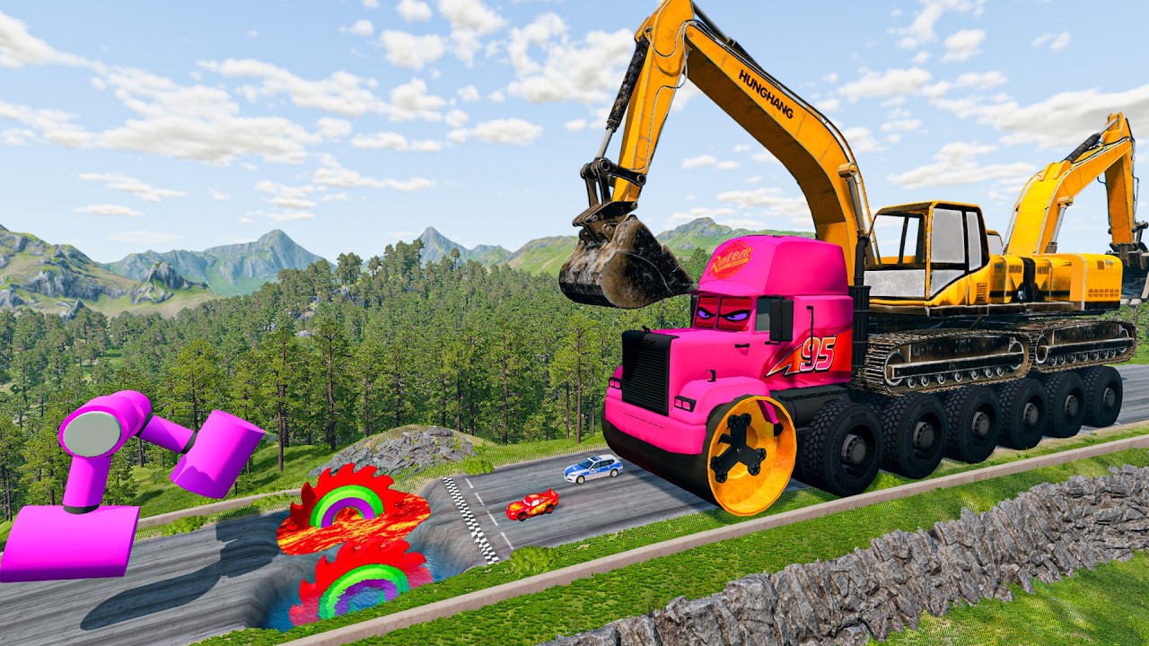 Giant CRUSHER DOZER Mack Truck Eater VS Cars Lightning McQueen & Police Car & Lava Pit|Beamng.Drive