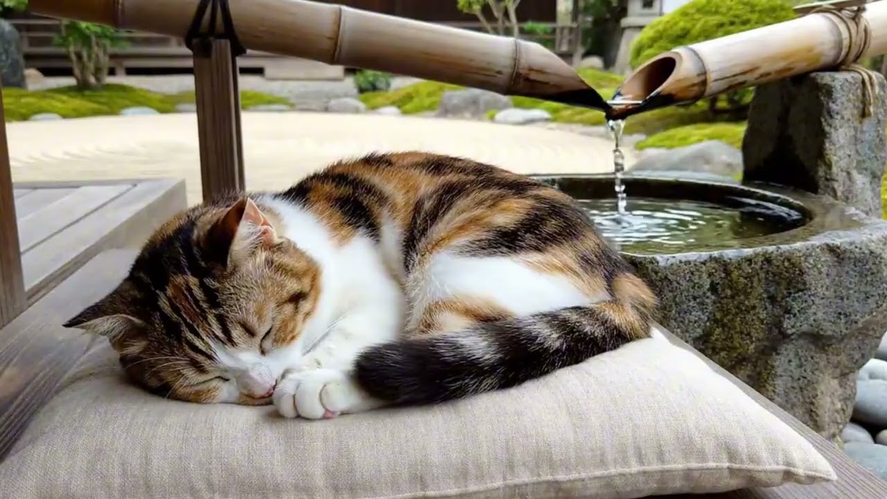 Deep Sleep ASMR | Zen Garden Water Sounds & Sleeping Calico Cat 🎋🧘‍♀️