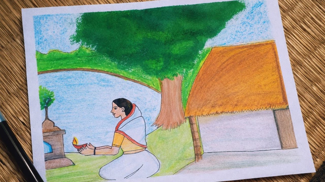 Draw a village scenery drawing||women pray to god 🙏|| village scenery painting 