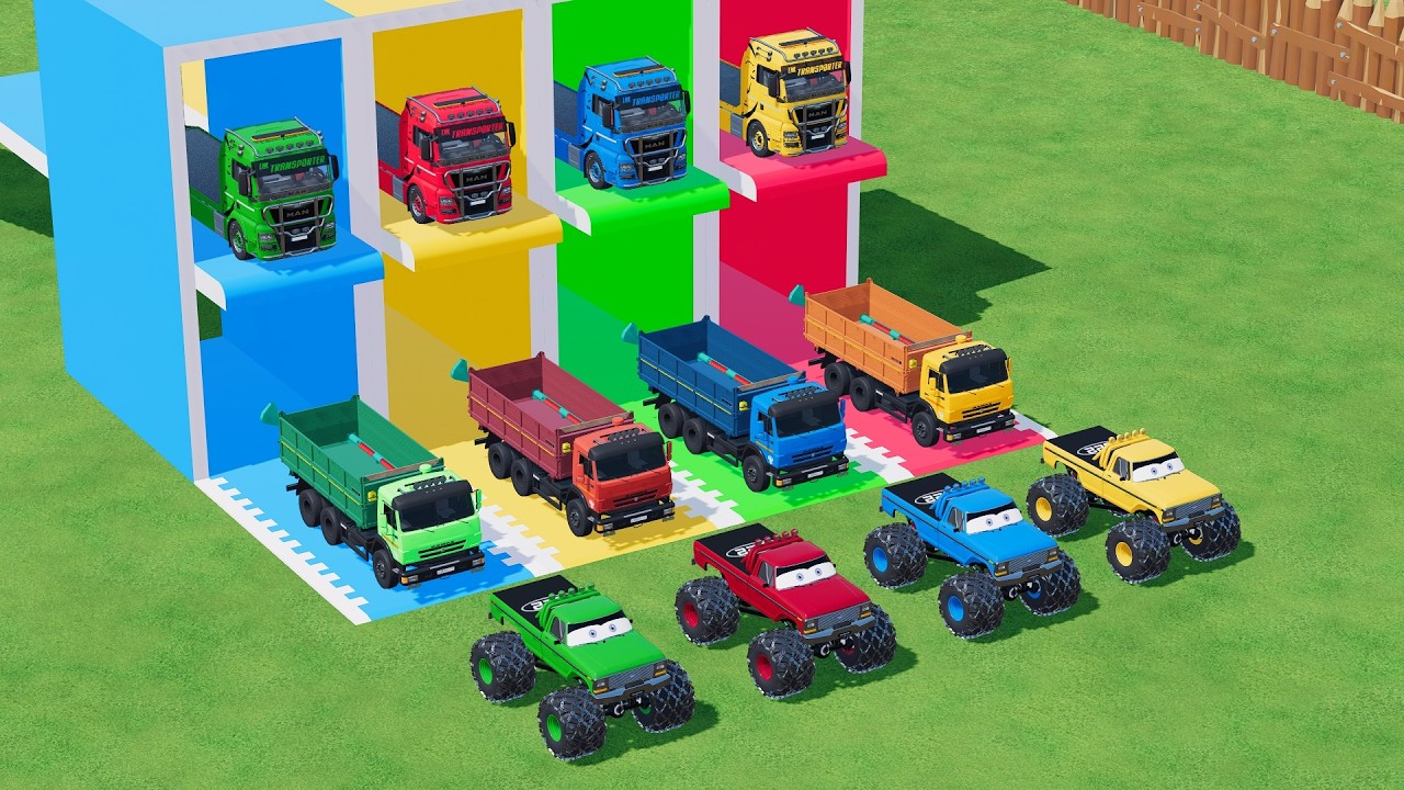 Garage with Colors   ALL MIXER TRUCK WITH DOUBLE FLATBED TRAILER TRUCK, MERCEDES, RENAULT, KAMAZ
