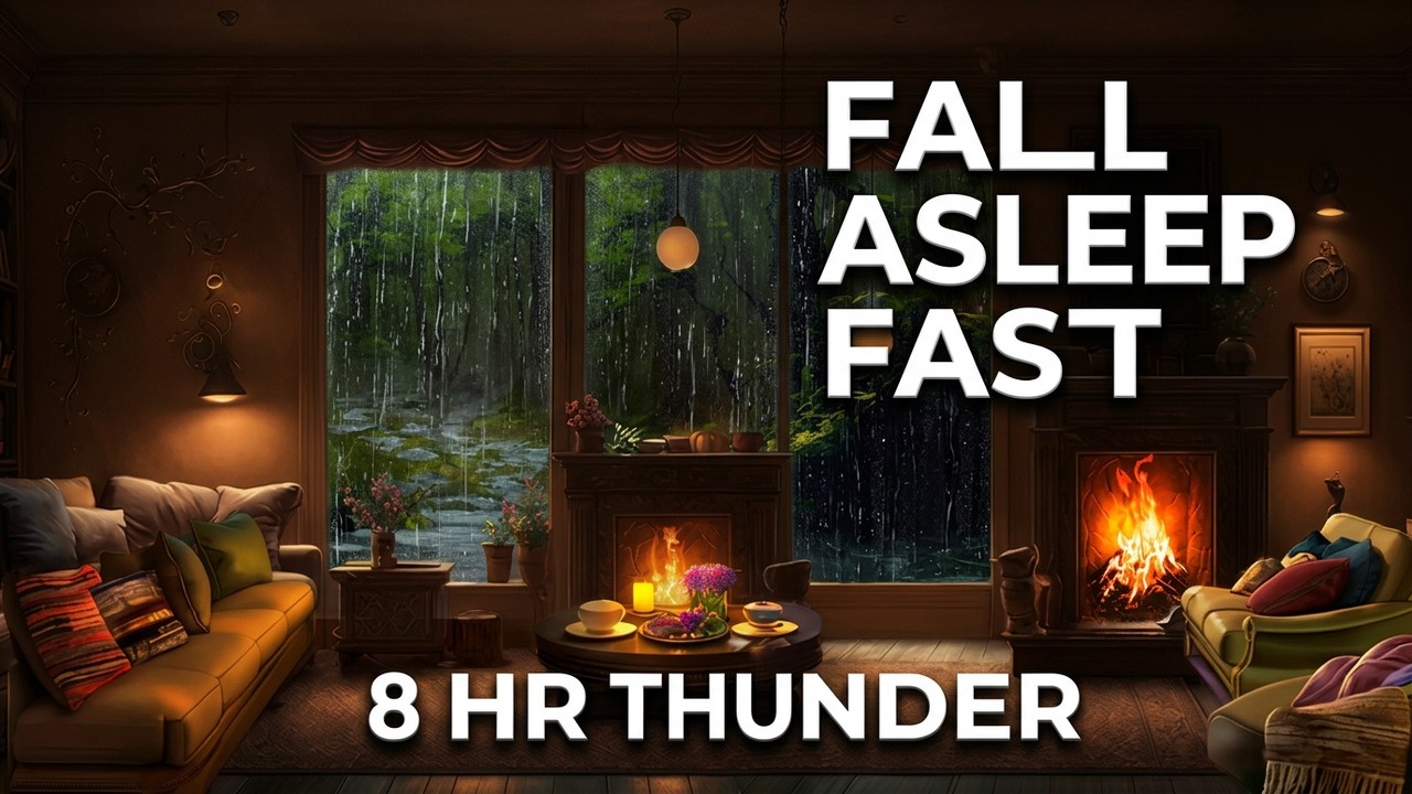 Fall Asleep Fast with Rain on Window & Cozy Fire | 8 Hours of Thunder Ambience
