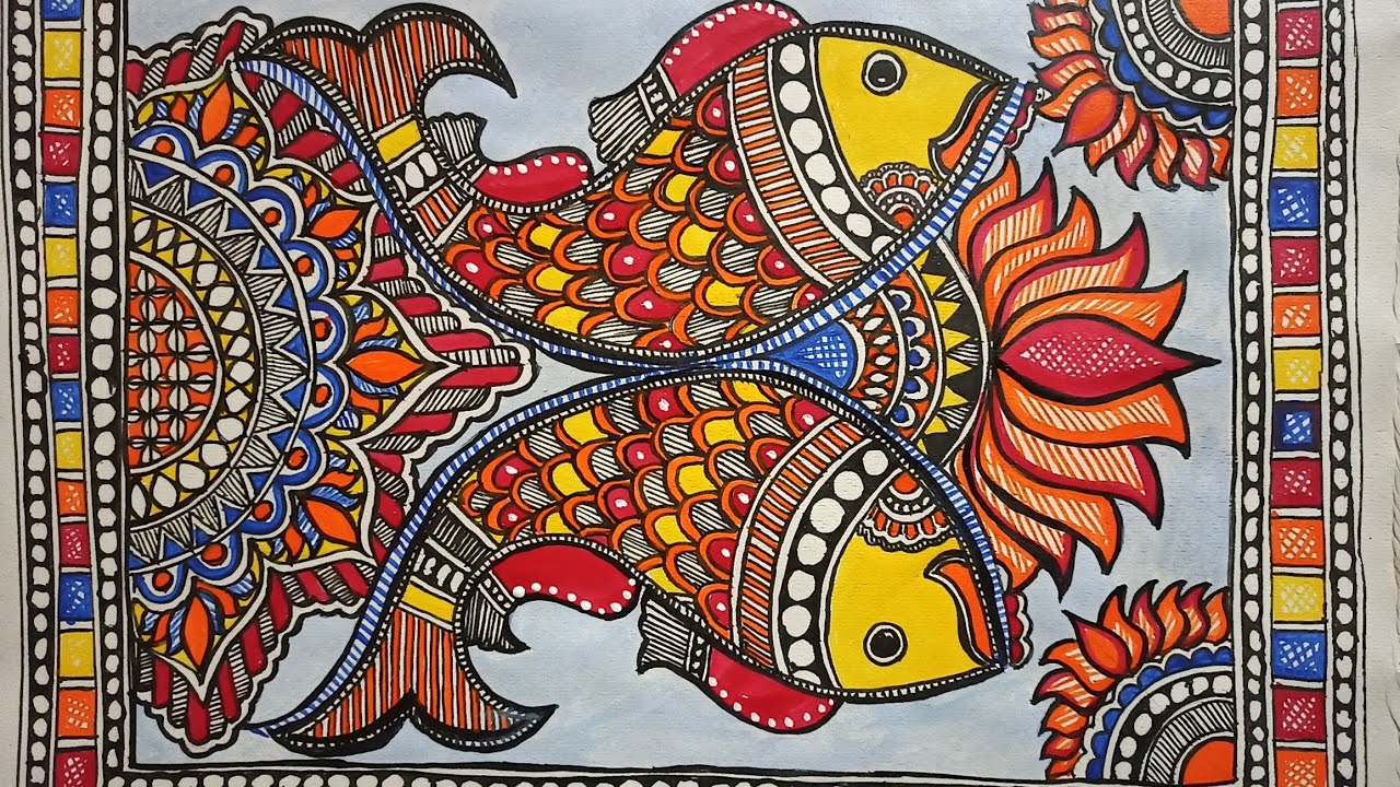 Learn how to draw Fish and lotus together in Madhubani painting. Madhubani painting for beginners.