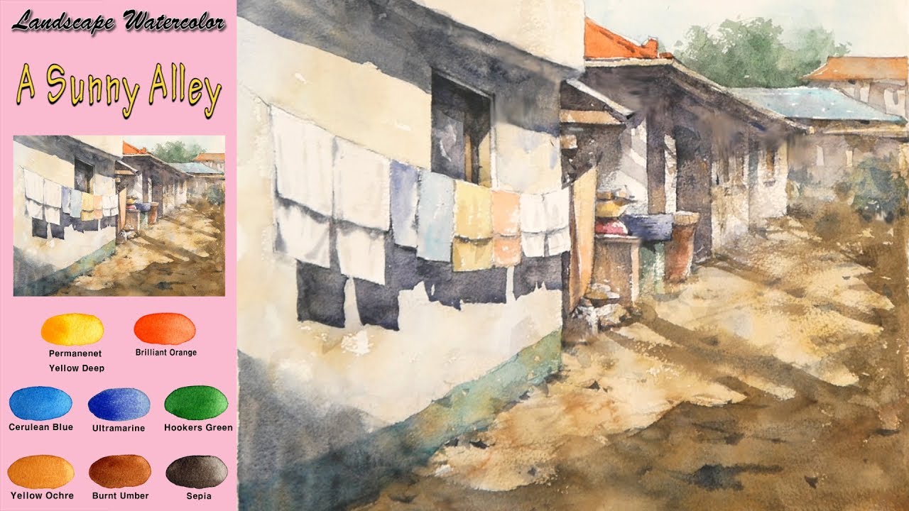 Пейзажная акварель - Солнечная аллея (sketch & coloring, Arches rough) NAMIL ART