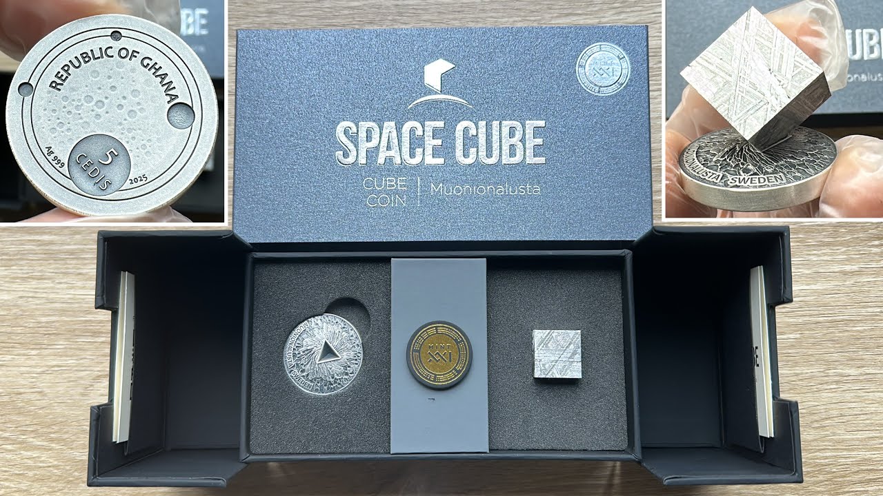 Discover the 2025 Ghana 1 oz Silver Space Cube Featuring Muonionalusta Meteorite! 🌌✨