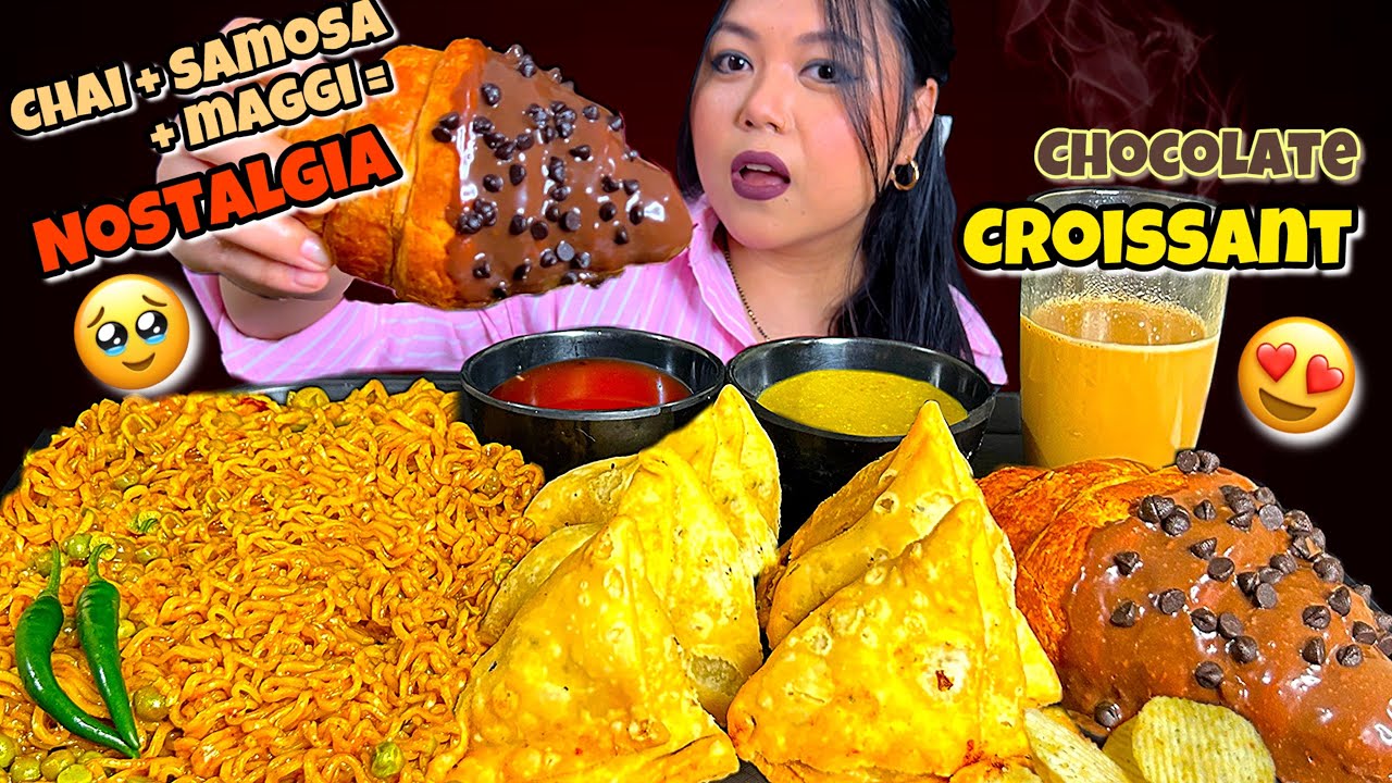 Eating Masala Maggi, 🔥Samosa, Masala Chai & Chocolate Croissant 🥐 | MUKBANG | ASMR EATING