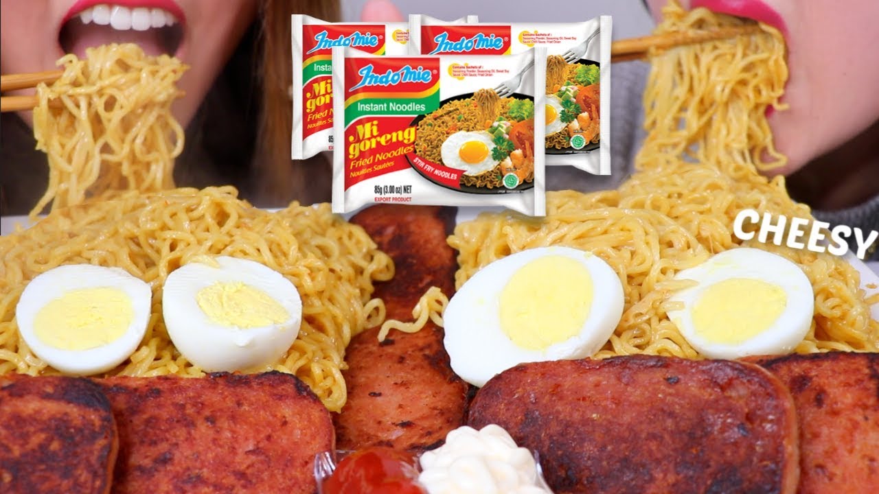 ASMR CHEESY INDOMIE MI GORENG NOODLES + SPAM 라면  리얼사운드 먹방 | Kim&Liz ASMR
