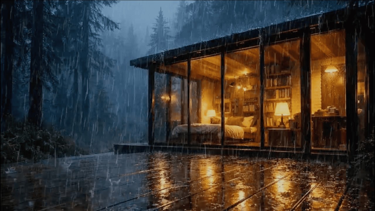 Rain Sounds for Deep Sleep ASMR | Cozy Glass Cabin in the Heavy Rain Ambience Fall Asleep 😴