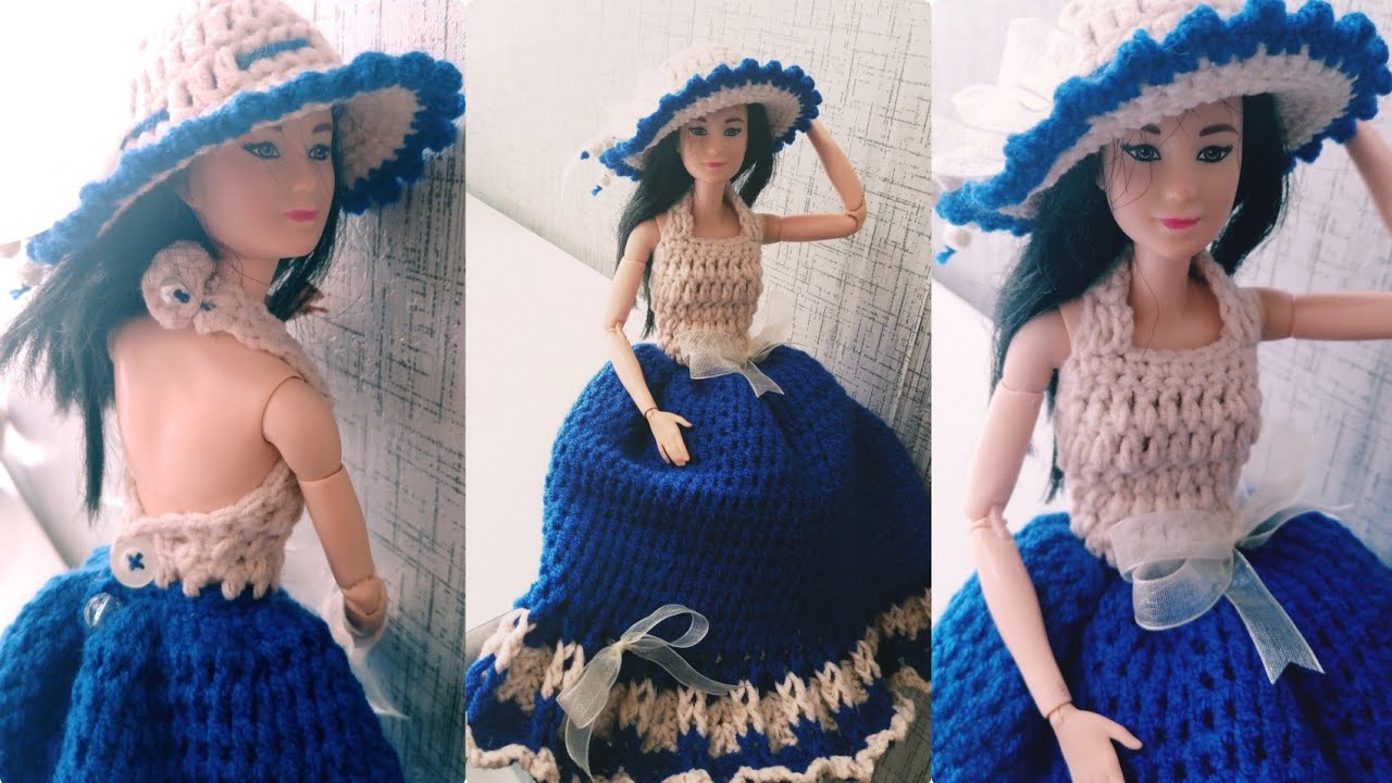 BARBİE BEBEK ELBİSE :  TIĞ İLE UZUN ELBİSE VE ŞAPKA YAPIMI