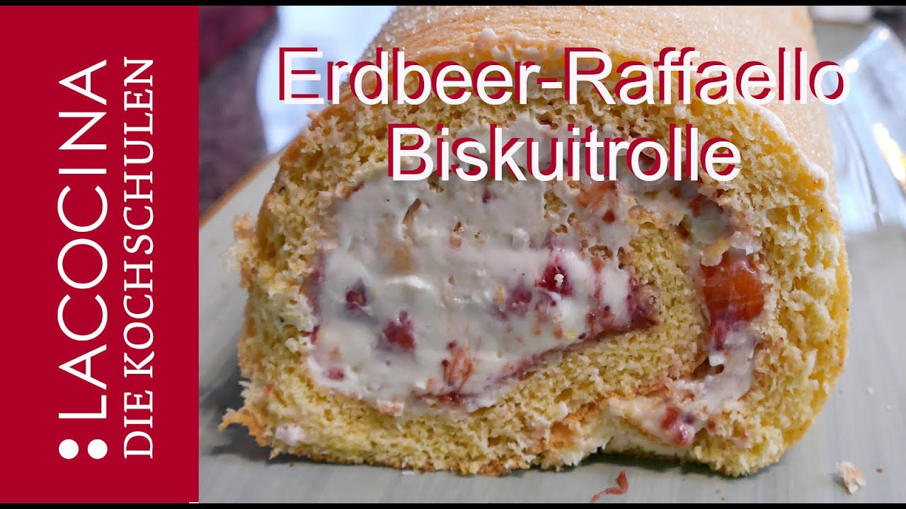 Erdbeer-Raffaello-Biskuitrolle. Super lecker und einfach zu backen. Rezept der La Cocina Kochschulen
